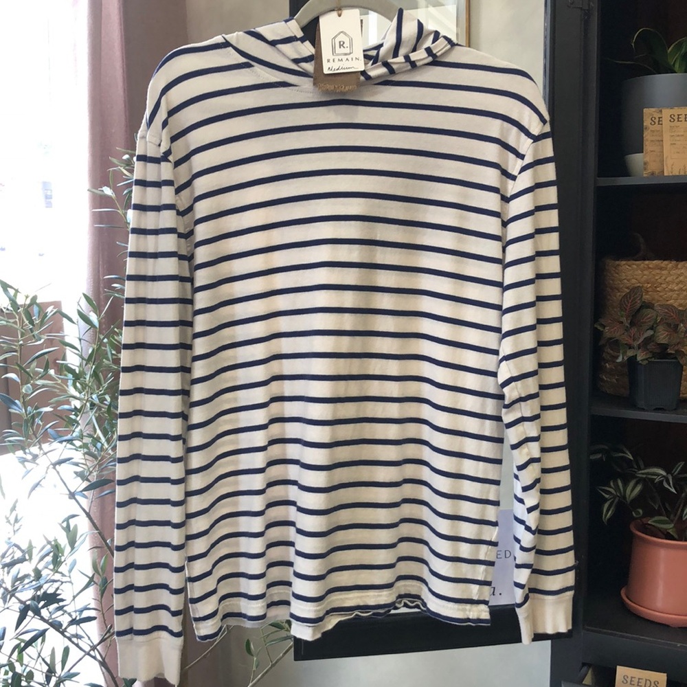 J Crew Washed Medium Blue Stripe Lightweight Hooded Long Sleeve Top 100% Cotton